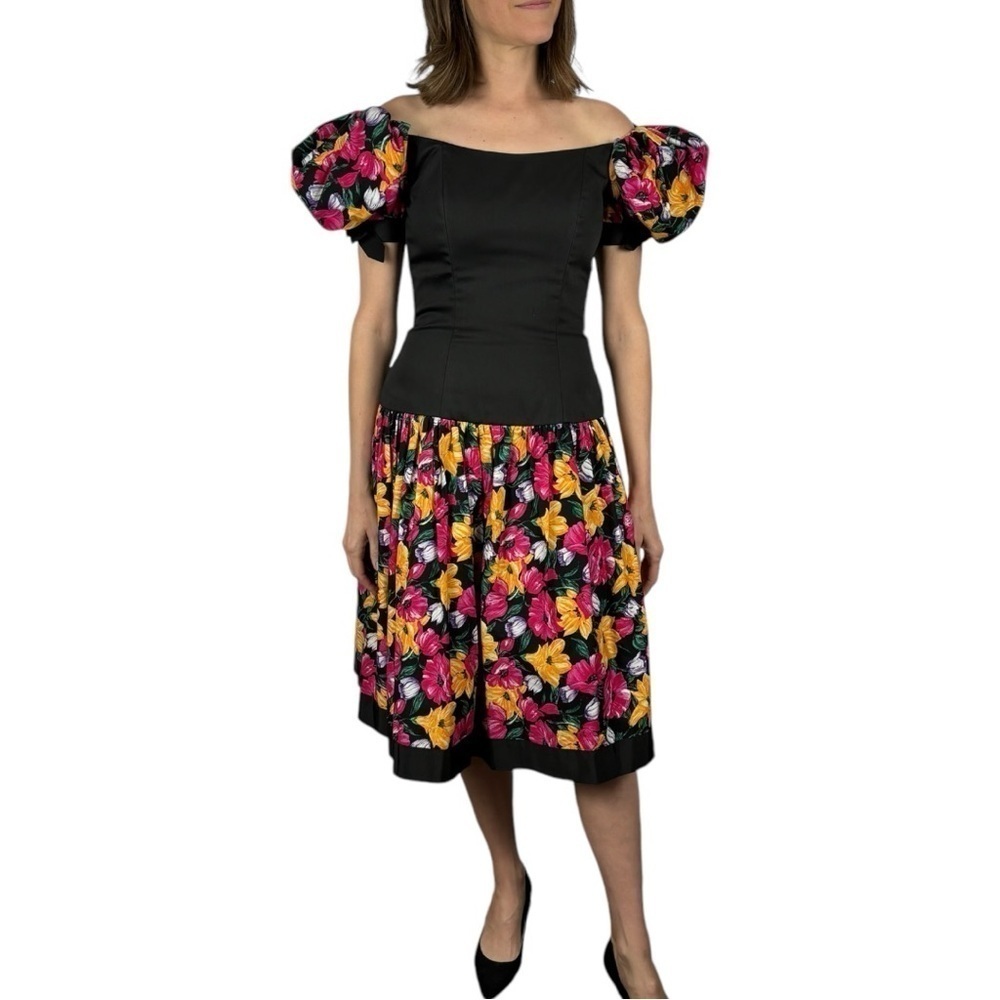 VINTAGE VICTOR COSTA 80S PUFF BOW SLEEVE FLORAL TULLE COTTON DROP WAIST DRESS